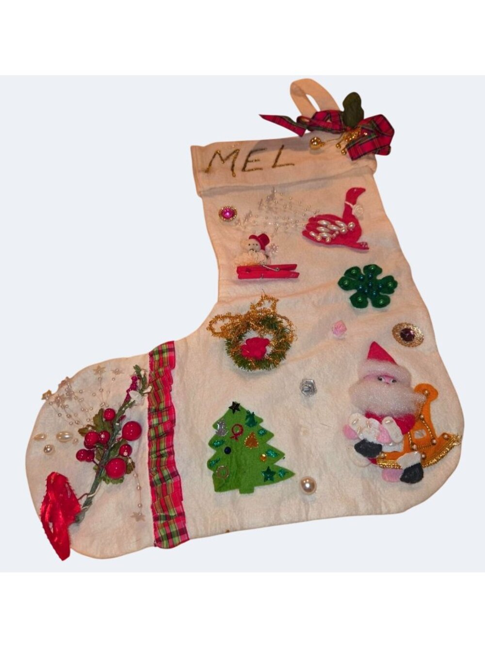 Handmade Vintage Christmas Stocking With Embellished Felt Designs Ribbon Trim